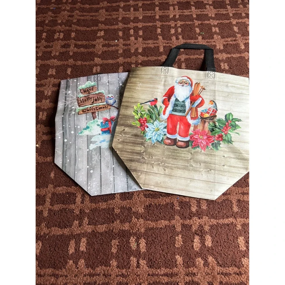 Christmas Reusable Shopping Bags Set of 2 Santa Snowman‎ Holiday Totes Non-Woven